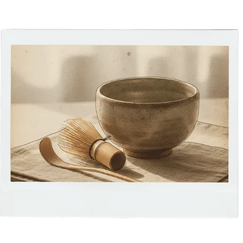 Matcha tools on linen — bowl, bamboo whisk, and scoop for a simple matcha ritual