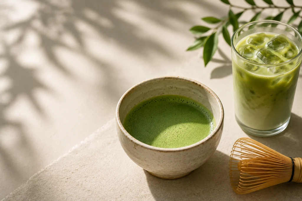 Ceramic bowl of frothy matcha with an iced matcha latte and bamboo whisk on a warm beige surface in soft natural light.