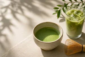 Ceramic bowl of frothy matcha with an iced matcha latte and bamboo whisk on a warm beige surface in soft natural light.