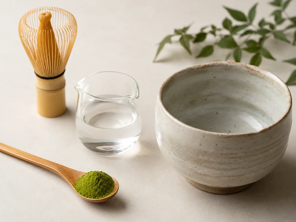 A measured teaspoon of matcha powder beside a small amount of water, showing the correct matcha ratio.