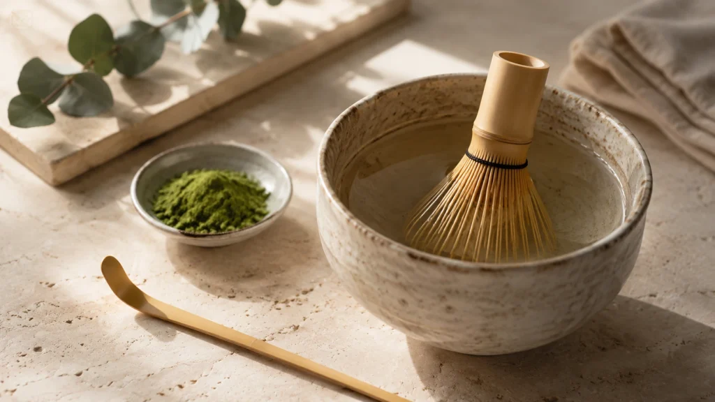 Bamboo matcha whisk soaking head-down in warm water inside a handmade ceramic bowl, with a bamboo scoop and small dish of matcha powder nearby.