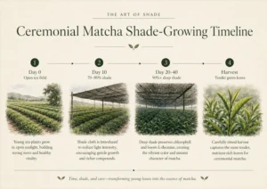 Illustrated timeline showing the stages of ceremonial matcha shade-growing, from open tea field to deep shade and harvest.