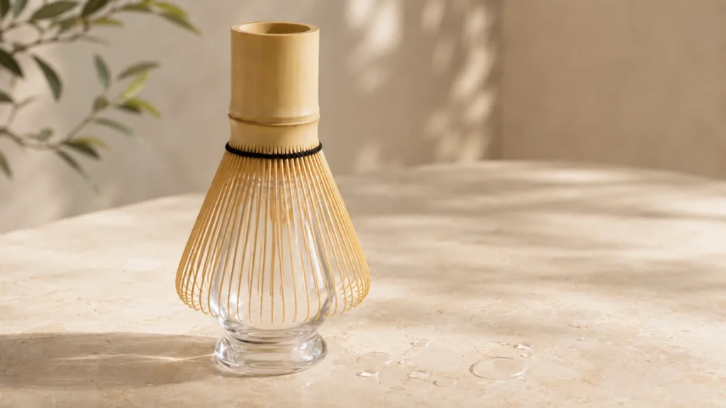 Bamboo matcha whisk drying upside down on a clear glass whisk holder with the bristles resting outside the holder on a warm stone surface