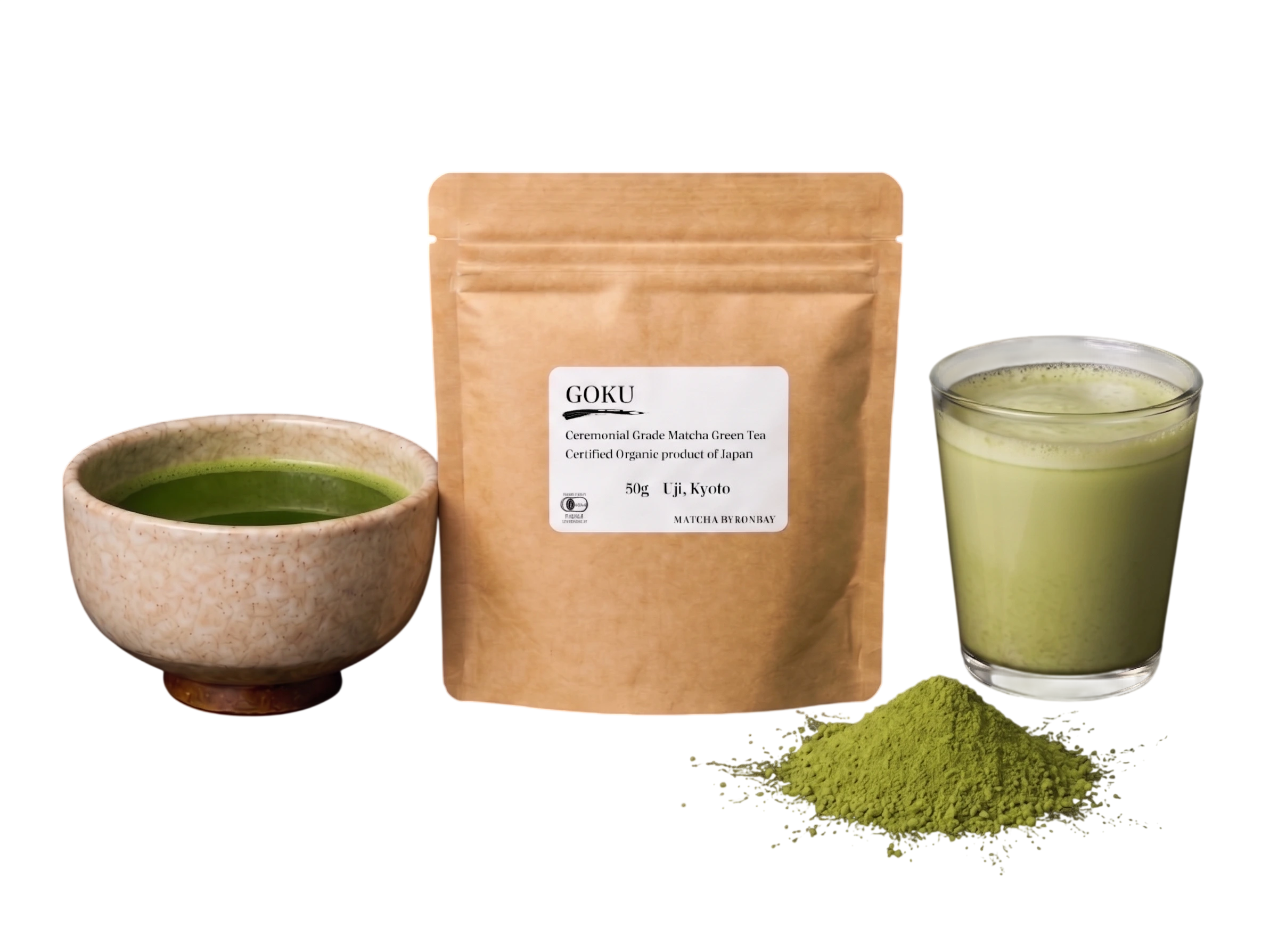 Premium Goku ceremonial Japanese matcha powder with vivid green prepared matcha and matcha soy latte.