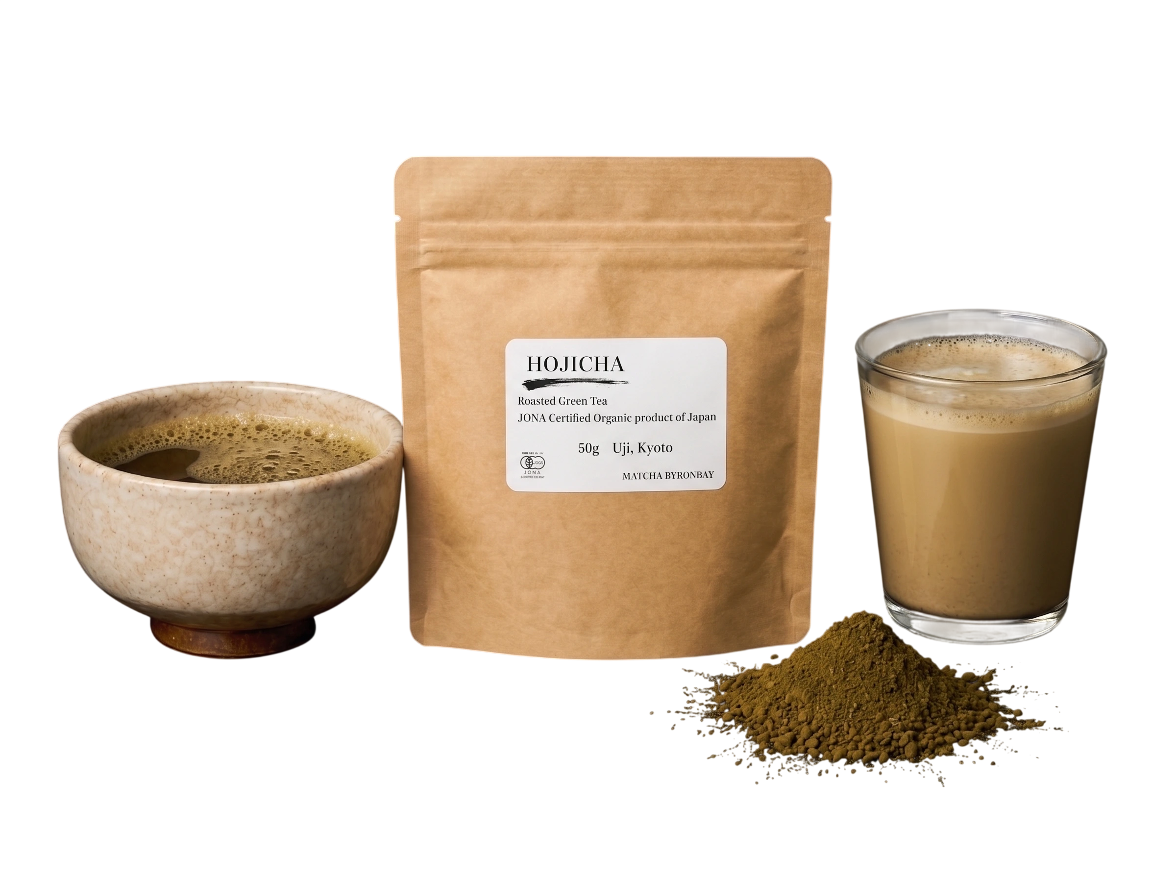 Roasted Japanese hojicha powder with prepared hojicha tea and creamy hojicha soy latte in a premium tea setting.
