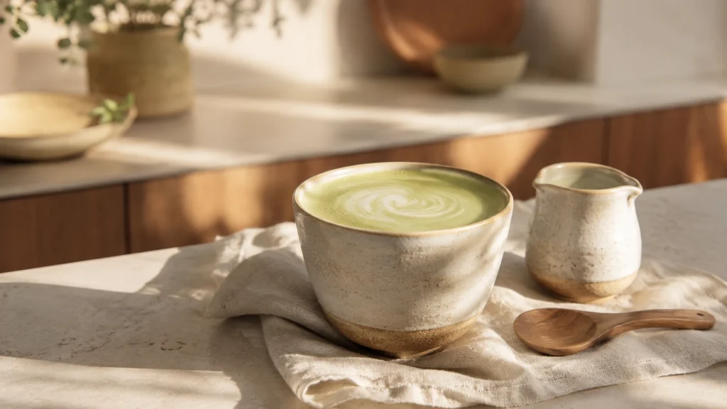 Ceramic cup of matcha latte with soft foam beside a milk jug and wooden spoon on a linen cloth in warm morning light