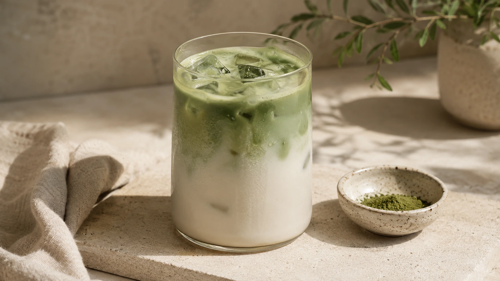 Iced matcha latte with oat milk and clear ice on warm stone beside a small dish of matcha powder.