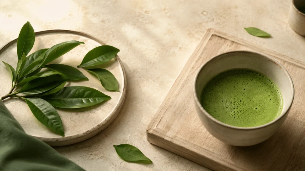 Fresh green tea leaves on a ceramic plate beside a small bowl of prepared matcha on a warm stone surface
