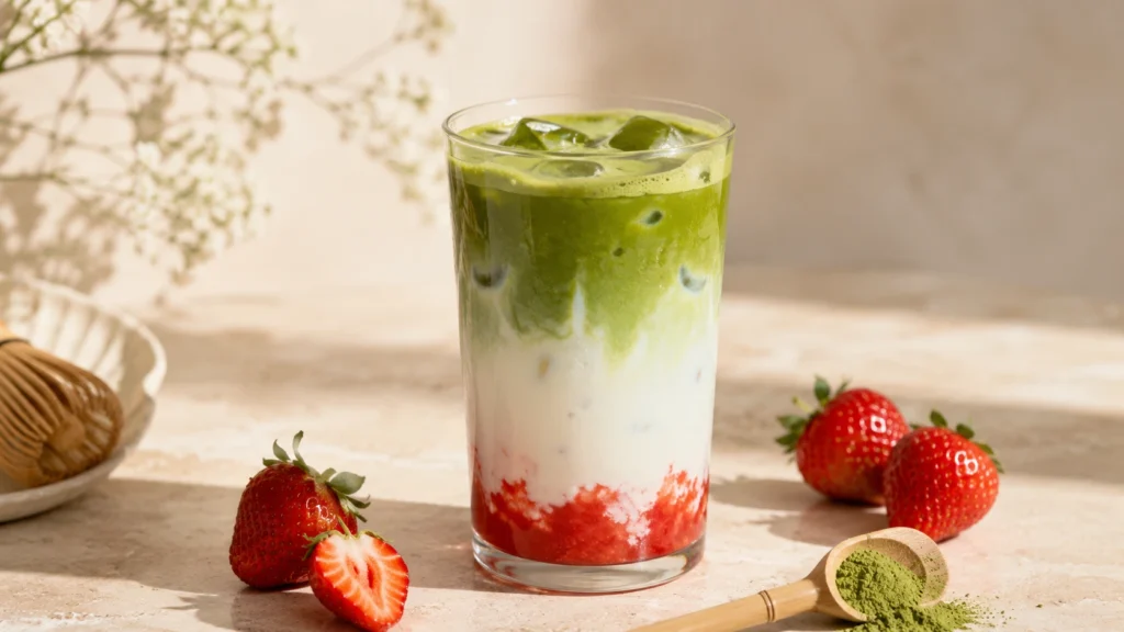 Layered iced strawberry matcha latte with strawberry purée, milk, and green matcha in a clear glass beside fresh strawberries