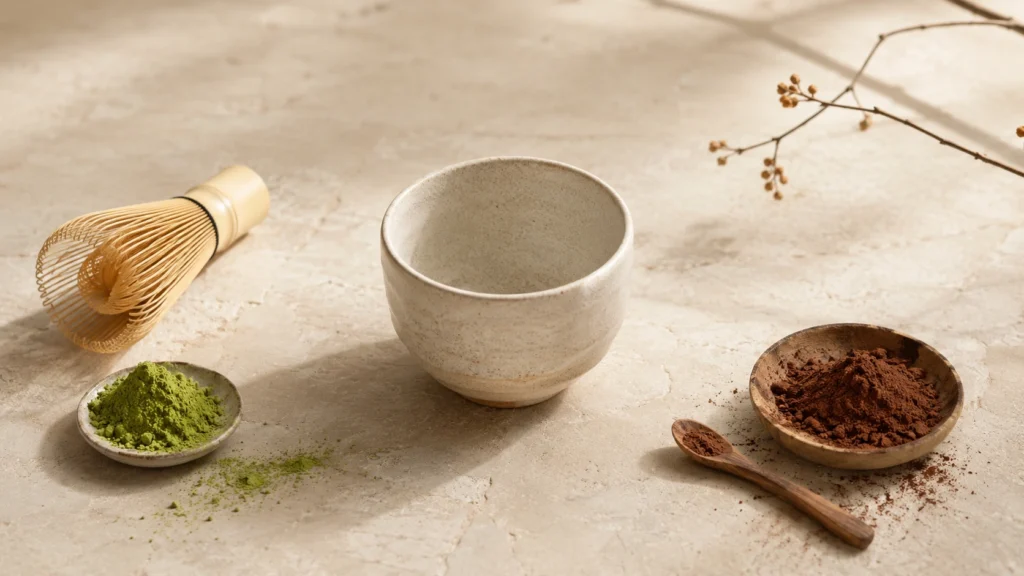 Fine matcha powder and dark cacao powder in ceramic dishes with bamboo and wooden spoons on warm cream stone.