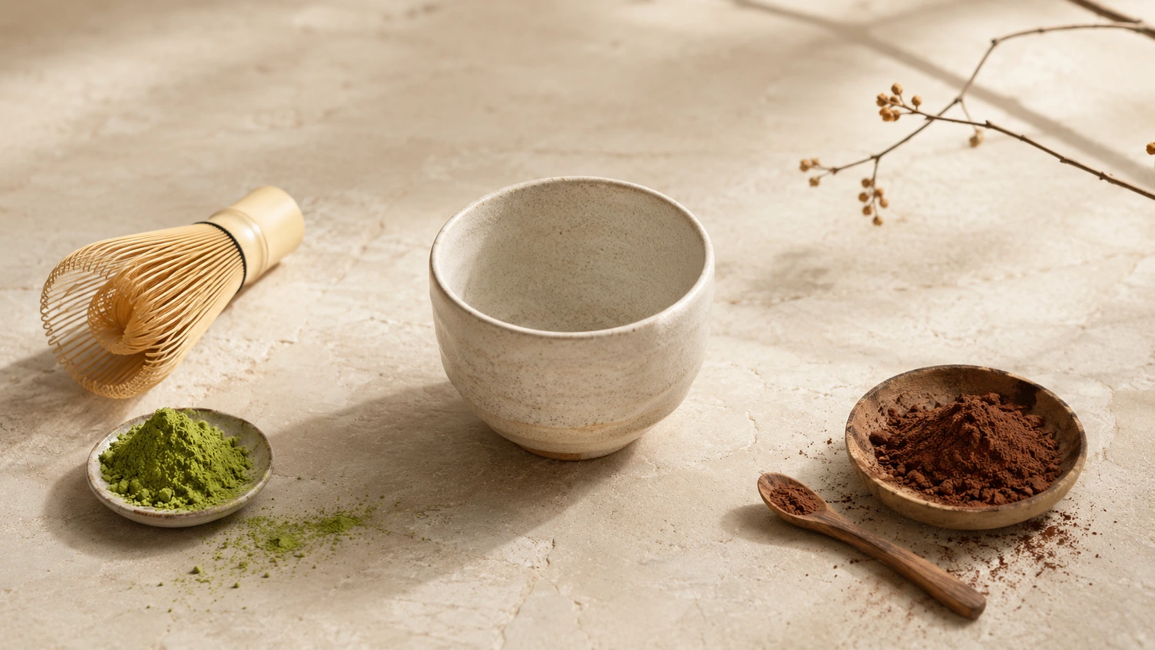 Matcha vs cacao — fine matcha powder and dark cacao powder in ceramic dishes on warm cream stone