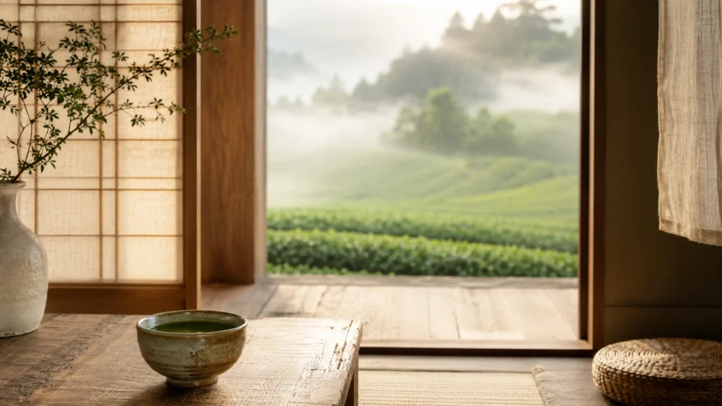 Ceramic bowl of matcha on a low wooden table inside a quiet Japanese-inspired room overlooking misty green tea fields