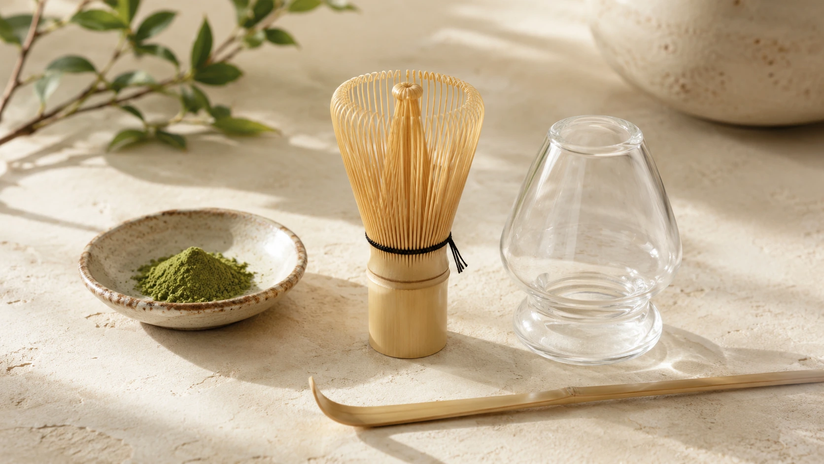 Bamboo matcha whisk beside a glass whisk stand, scoop, and matcha powder on a cream stone surface.