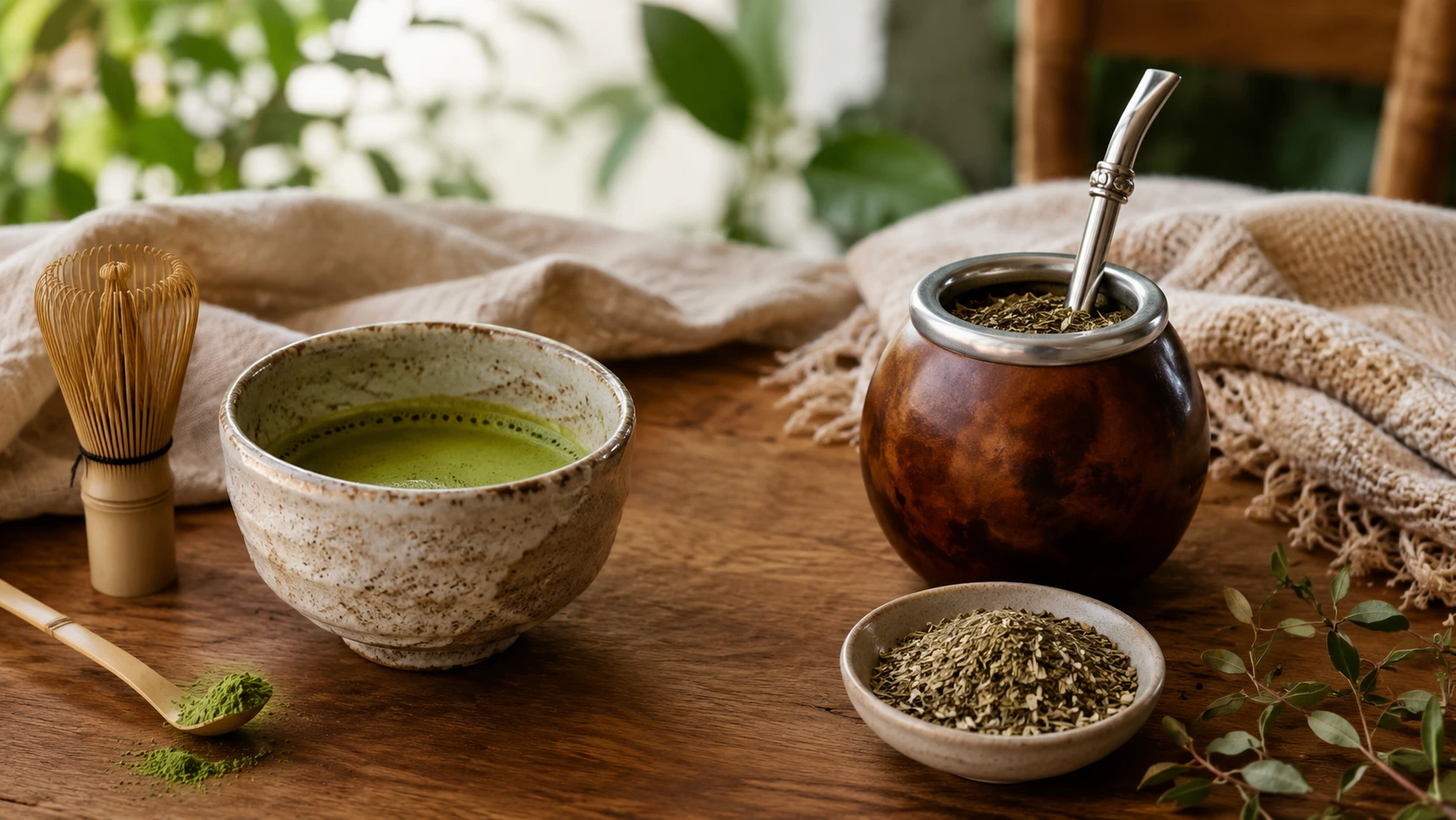 Ceramic bowl of green matcha beside a yerba mate gourd with bombilla straw and dried mate leaves on a wooden table