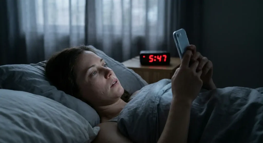 Woman lying on a bed and looking at her phone in a bedroom setting