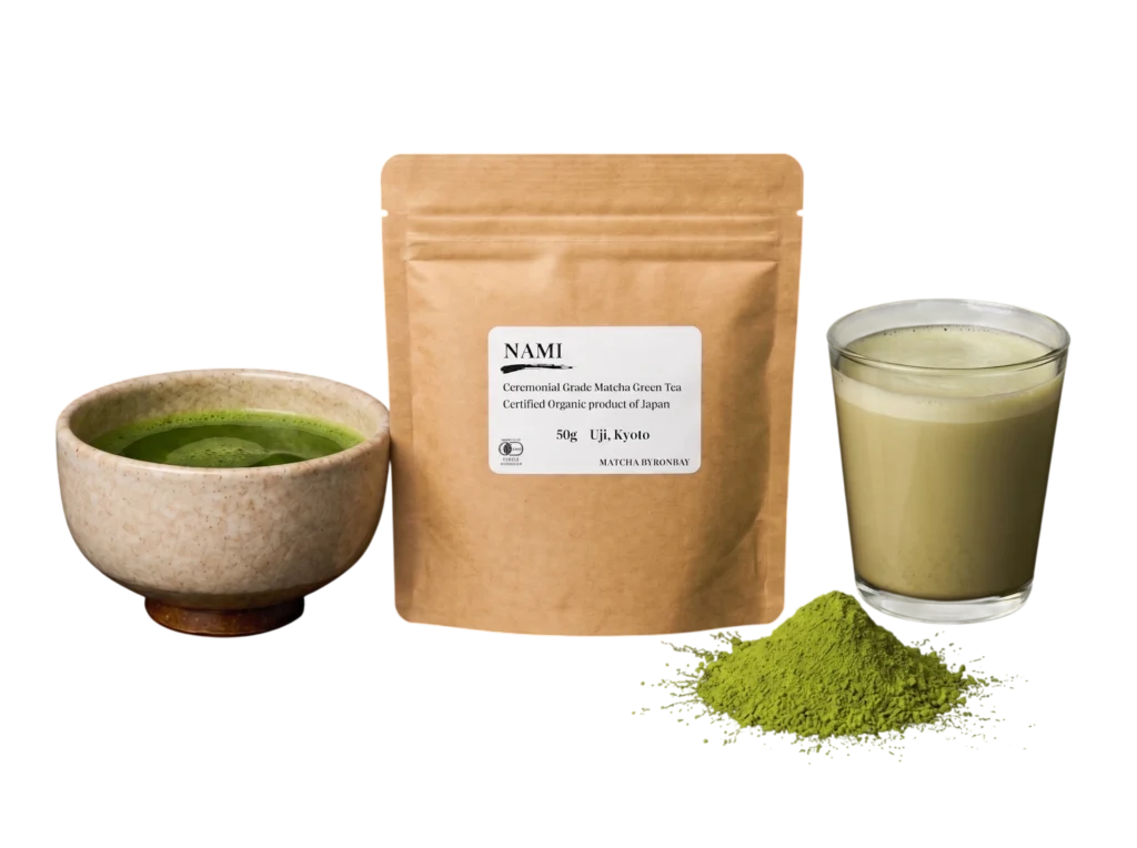 Premium Nami organic Japanese matcha powder with prepared matcha and soy latte in a calm tea ritual