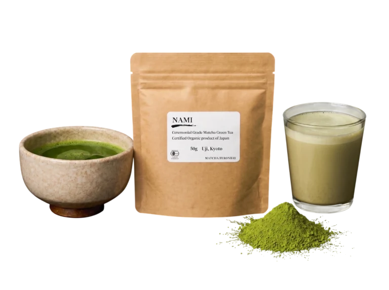 Premium Nami organic Japanese matcha powder with prepared matcha and soy latte in a calm tea ritual