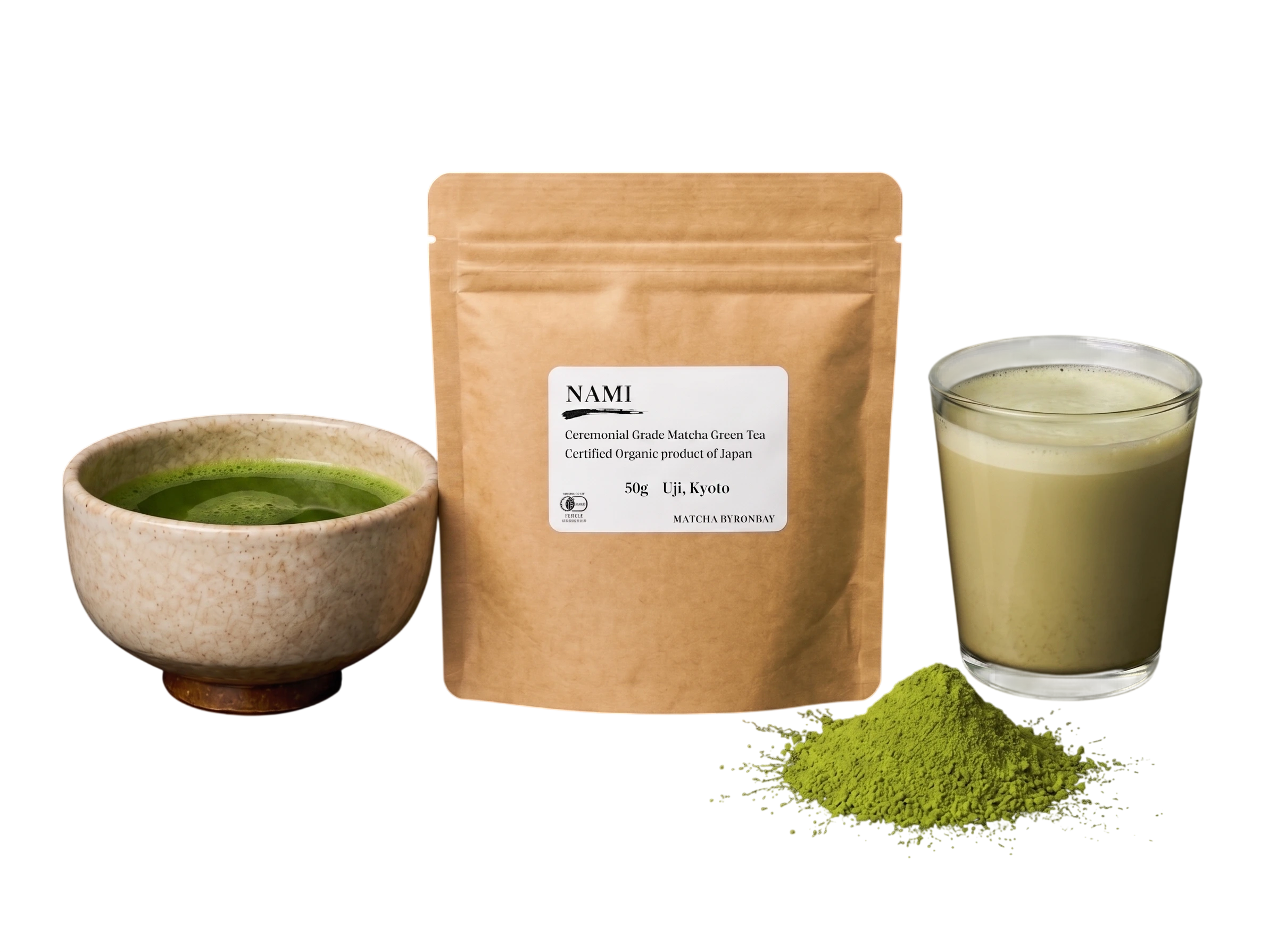 Premium Nami organic Japanese matcha powder with prepared matcha and soy latte in a calm tea ritual