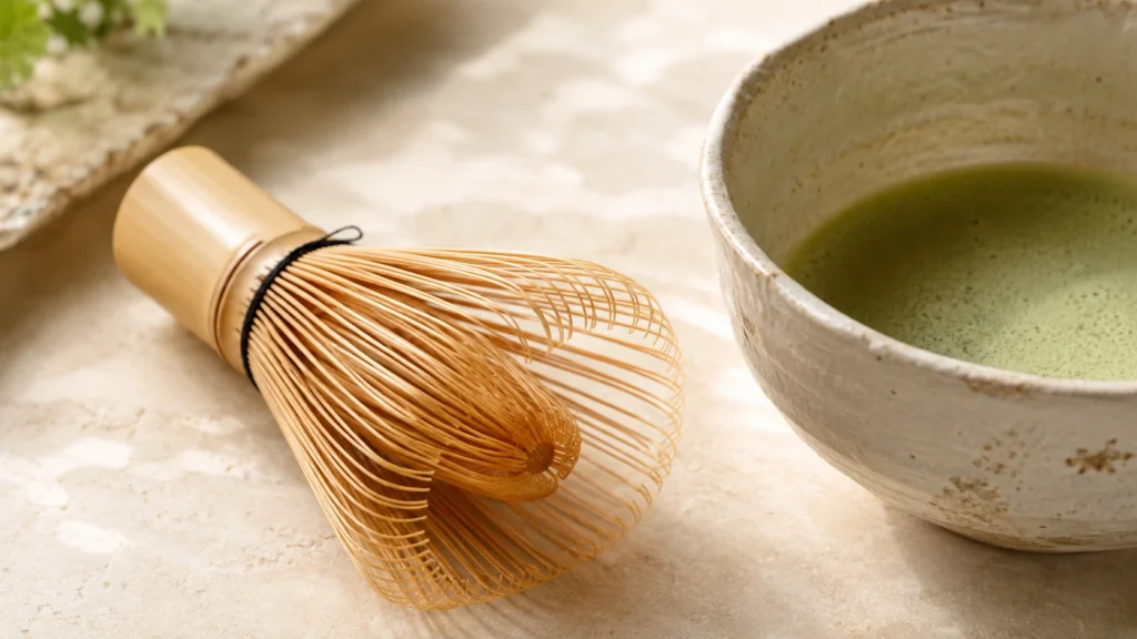 Top-down view of a bamboo matcha whisk, scoop, matcha powder, and empty ceramic bowl arranged on warm cream stone.