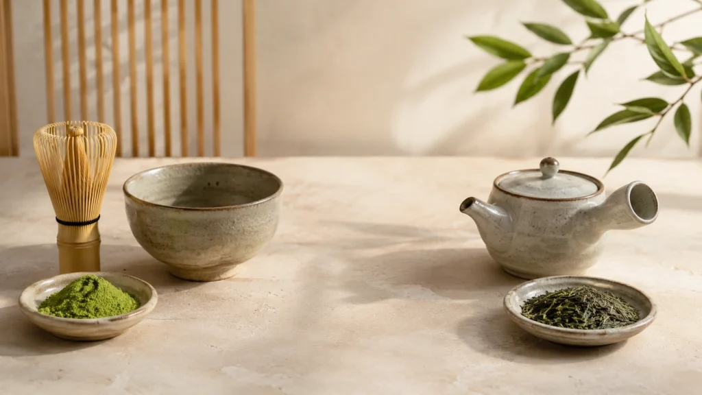 Matcha tools and sencha tea leaves arranged together, representing two different Japanese green tea rituals.