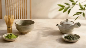 Matcha tools and sencha tea leaves arranged together, representing two different Japanese green tea rituals.