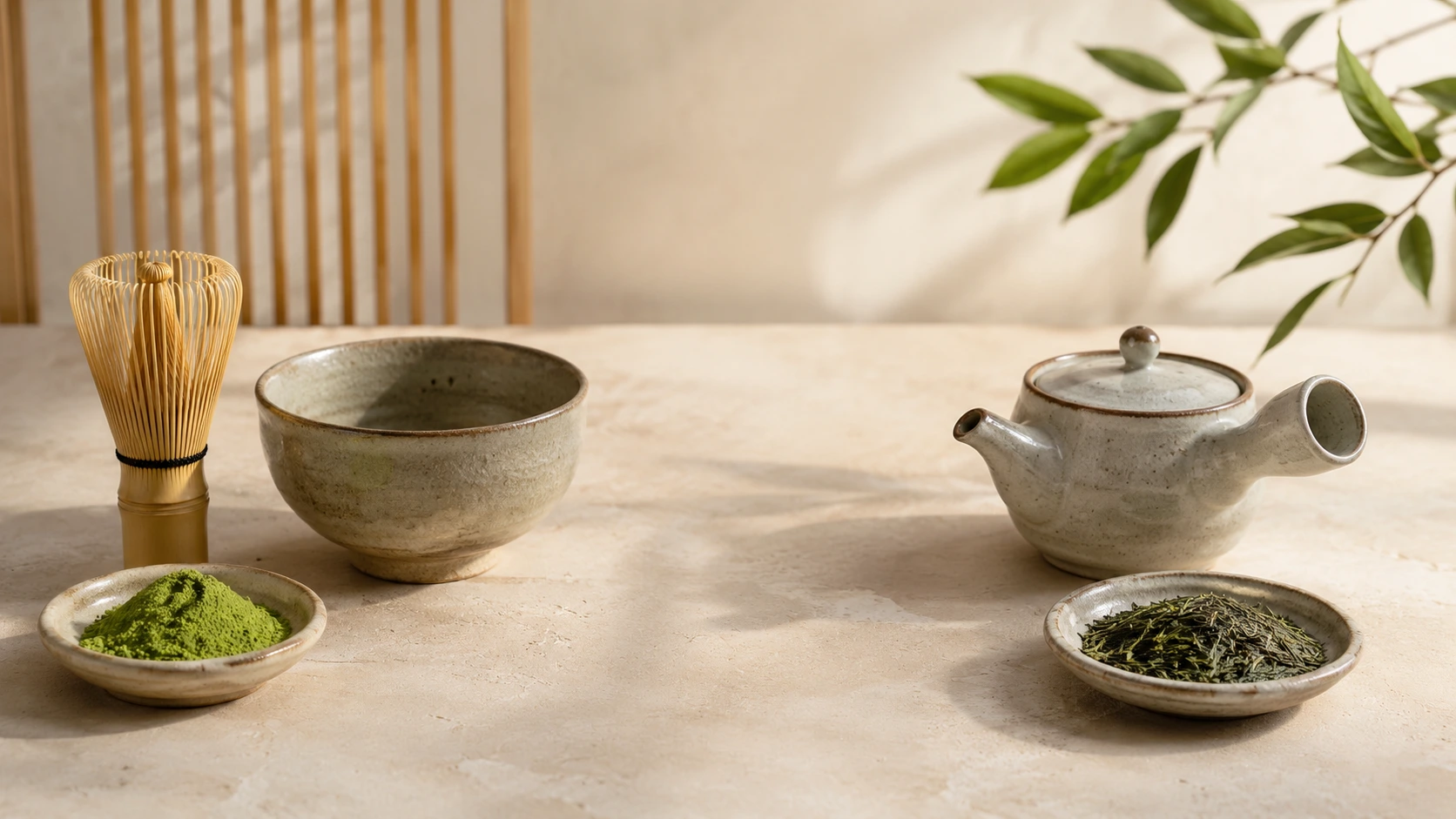 Matcha vs sencha — matcha tools and sencha tea leaves arranged together representing two Japanese tea rituals