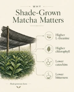 Editorial infographic explaining shade-grown matcha benefits, including higher L-theanine, higher chlorophyll, lower catechins, and lower bitterness.