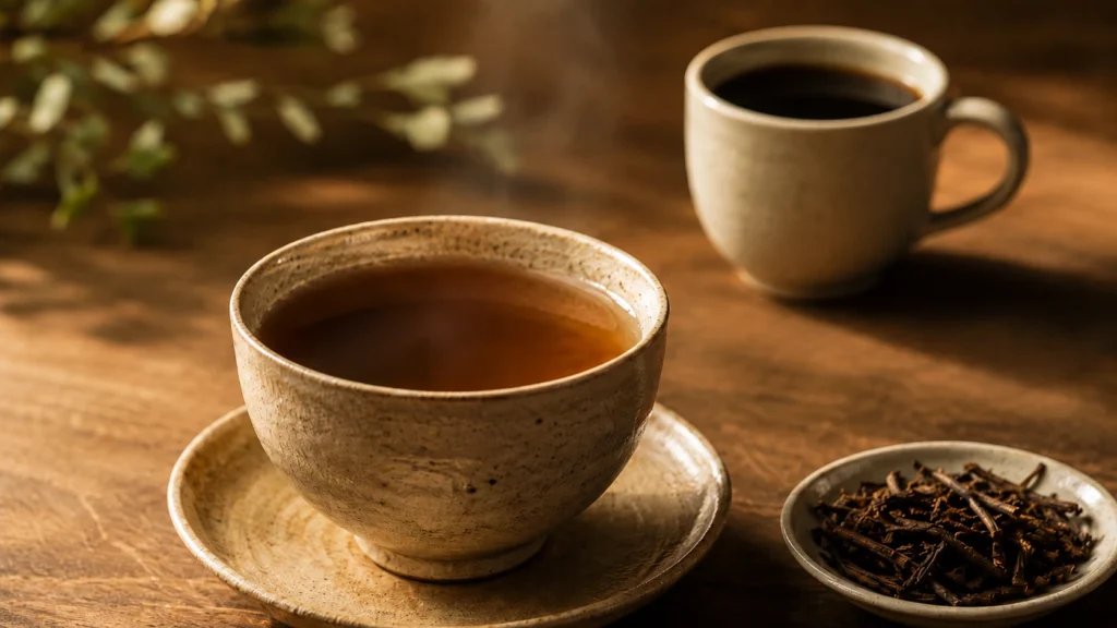 Does hojicha have caffeine — warm cup of hojicha with roasted tea leaves beside a cup of coffee