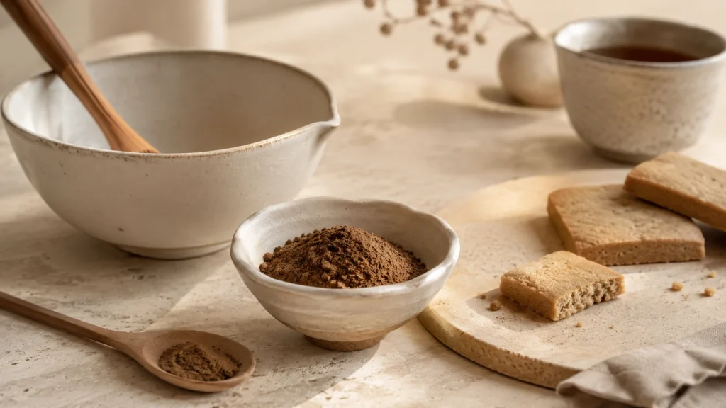 Brown hojicha powder beside a mixing bowl, wooden spoon, and simple biscuits on a warm kitchen surface