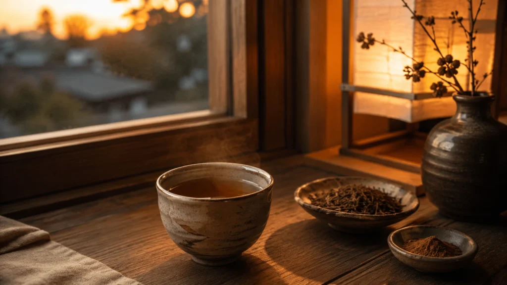 Ceramic cup of warm brown hojicha beside roasted tea leaves on a wooden table in soft evening light