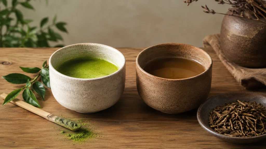 Two ceramic cups of Japanese tea, one vivid green matcha and one warm brown hojicha, on a wooden table