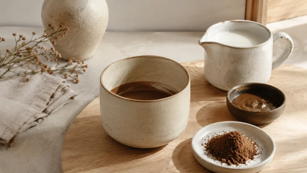 How to make a hojicha latte — hojicha paste in a ceramic bowl beside a milk jug and roasted powder
