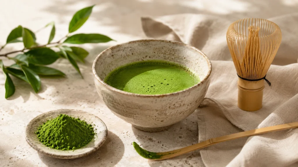 Ceramic bowl of vivid green matcha with bamboo whisk, chashaku scoop, fine matcha powder, and green tea leaves on a warm stone surface
