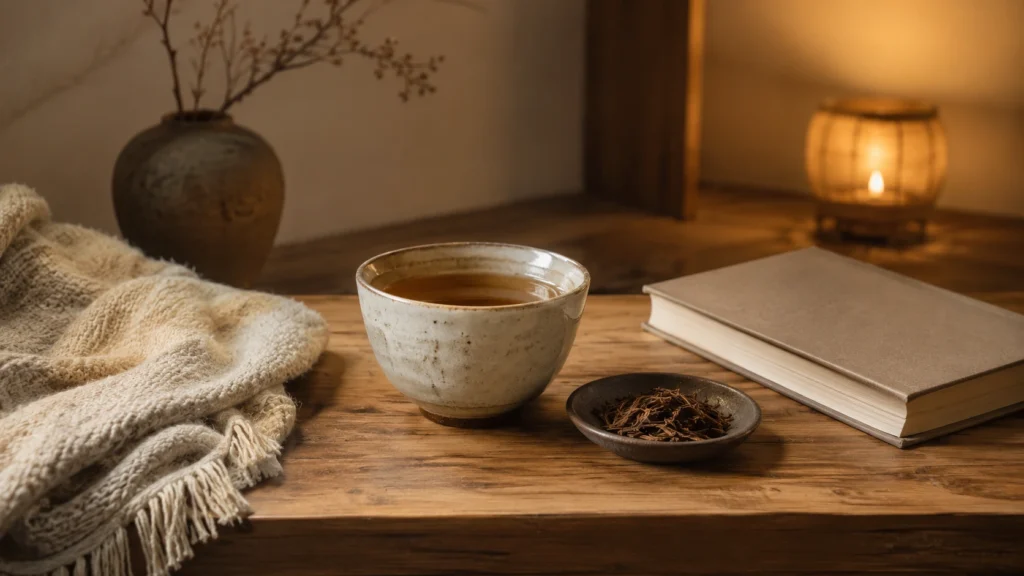Roasted hojicha leaves in a ceramic dish beside a cup of brewed brown hojicha and a wooden spoon