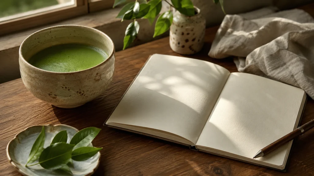 Ceramic cup of prepared matcha beside an open blank notebook, fresh green tea leaves, and a pen on a warm wooden desk