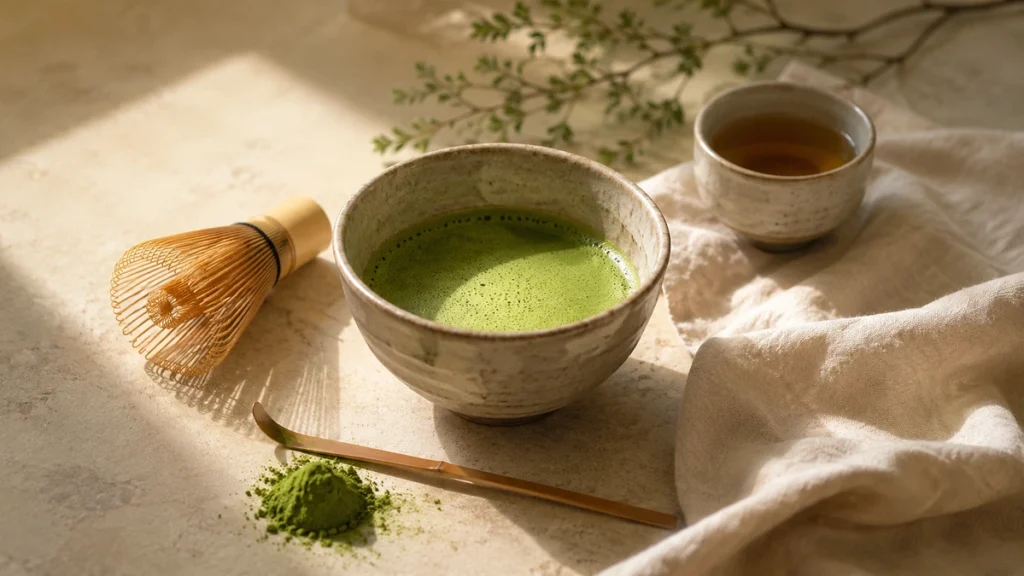 Ceramic bowl of vivid green matcha with bamboo whisk, chashaku scoop, matcha powder, linen, and a small cup of hojicha in warm morning light
