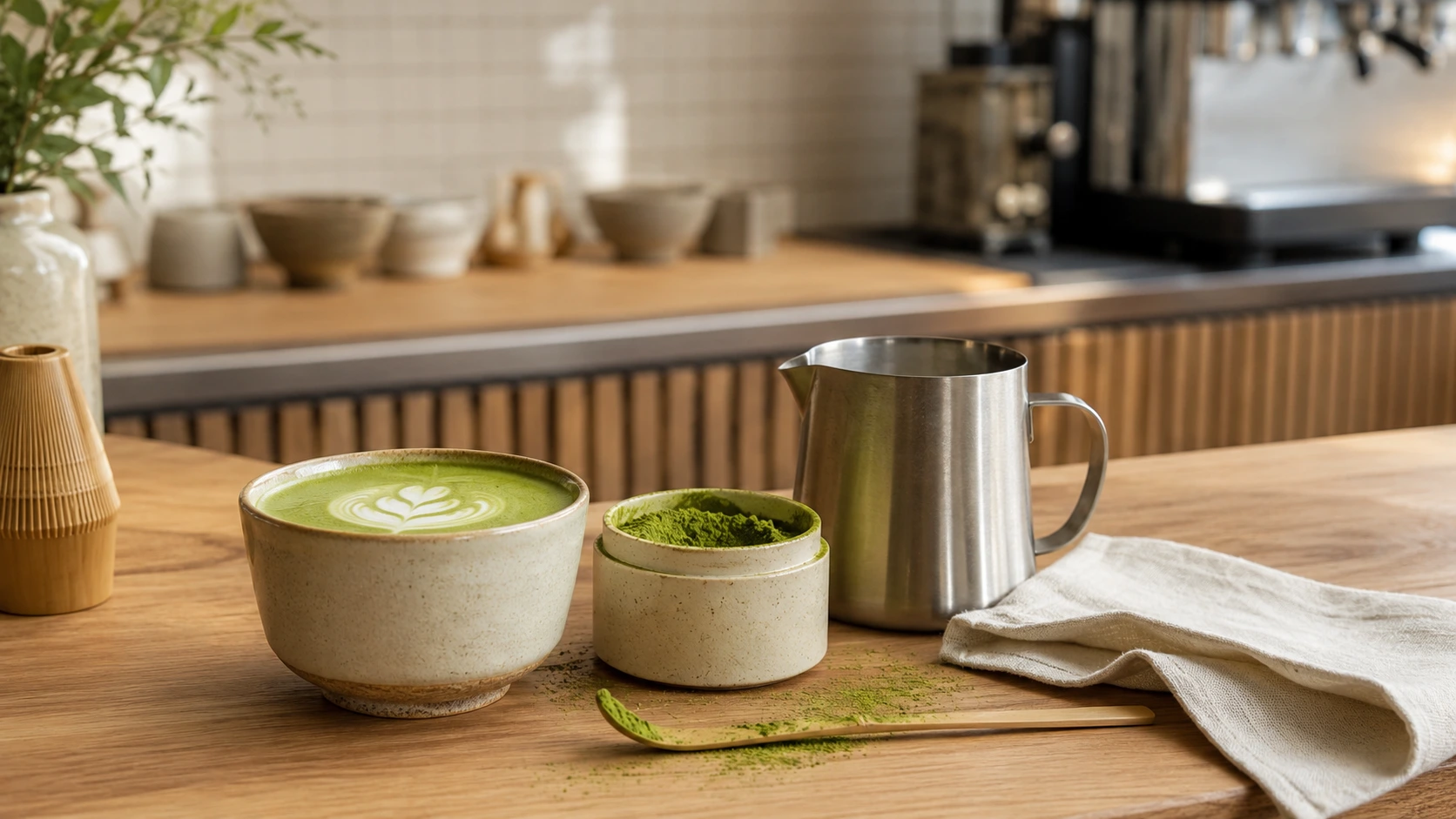 Cafe counter with matcha latte, matcha powder, bamboo scoop, milk jug, and barista cloth arranged for service