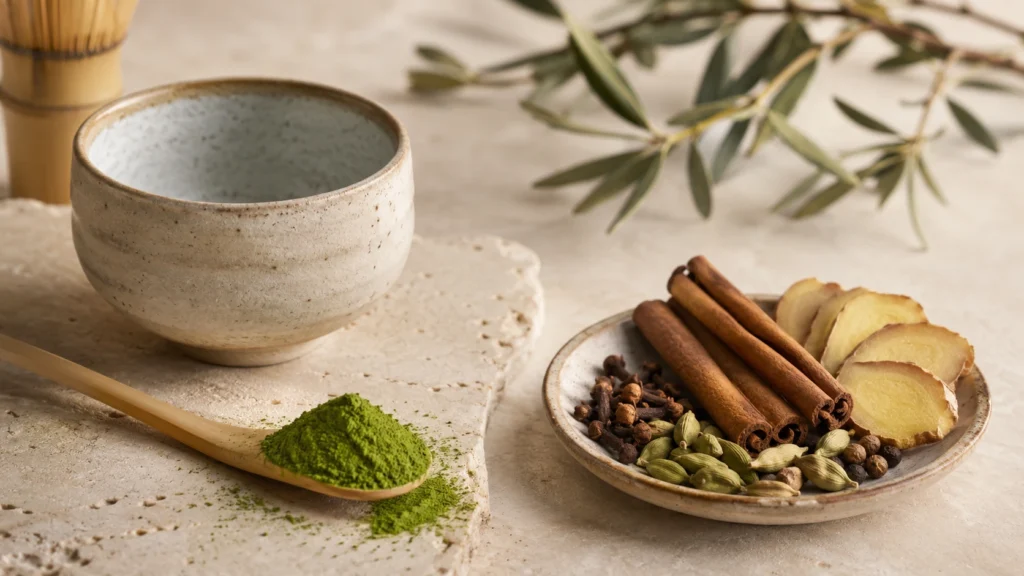 Matcha vs chai — green matcha latte and beige chai latte in ceramic cups with whole spices