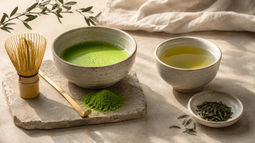 Ceramic bowl of vivid green matcha with bamboo whisk, chashaku scoop, matcha powder, steeped green tea, and loose tea leaves on a warm stone surface