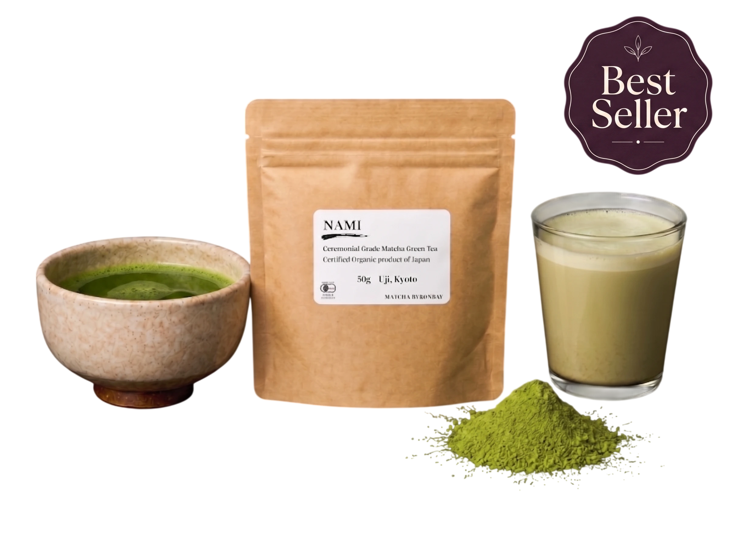 Premium Nami organic Japanese matcha powder with prepared matcha and soy latte in a calm tea ritual